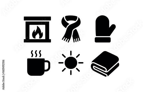 solid icon isolated warmth (comfort): hearth scarf mitten hot mug sunbeam blanket