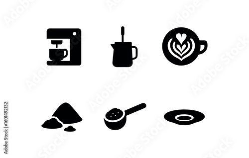 solid icon isolated coffee (equipment): coffee machine milk frother latte art coffee grounds coffee scoop saucer