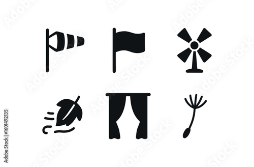solid icon isolated wind (movement): wind sock fluttering flag spinning windmill falling autumn leaf draping curtain airborne dandelion seed