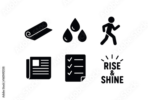 solid icon isolated morning (activity): yoga mat morning dew jogger newspaper to do list motivational quote