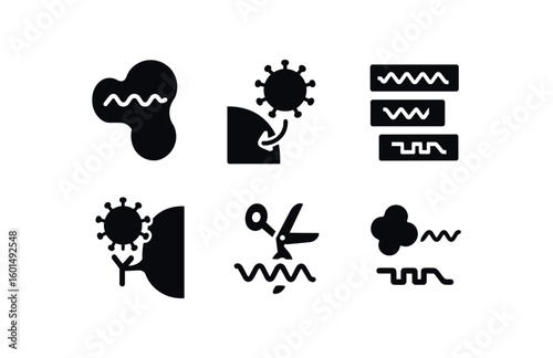 solid icon isolated viral infection RNA polymerase active site viral infection virion budding site viral infection segmented genome fragment viral infection cell entry receptor binding