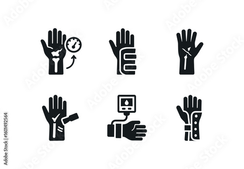 solid icon isolated wrist fracture range motion goniometer wrist fracture rehabilitation splint wrist fracture K wire guide wrist fracture ultrasound callus assessment wrist fracture