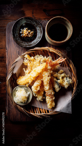 A top down view of shrimp tempura in a basket with dipping sauces on a wooden serving board surface
