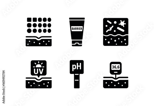 solid icon isolated skin melanin distribution chart skin barrier cream tube skin microbiome sample skin UV inde monitor skin pH strip skin temperature patch