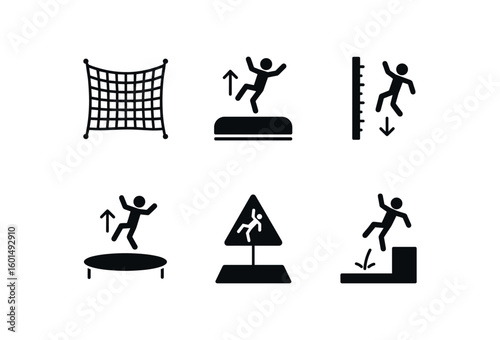 solid icon isolated fall safety net fall damping cushion fall height meter fall resilience pad fall zone marker fall scenario simulation