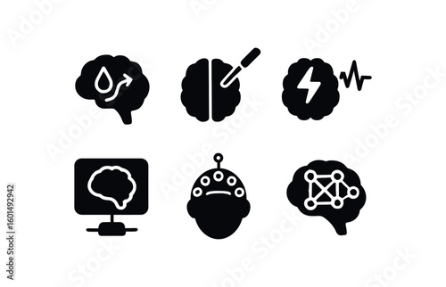 solid icon isolated brain blood flow sensor brain neural probe brain electrical map brain cerebrospinal monitor brain activity EEG cap brain connectivity matri