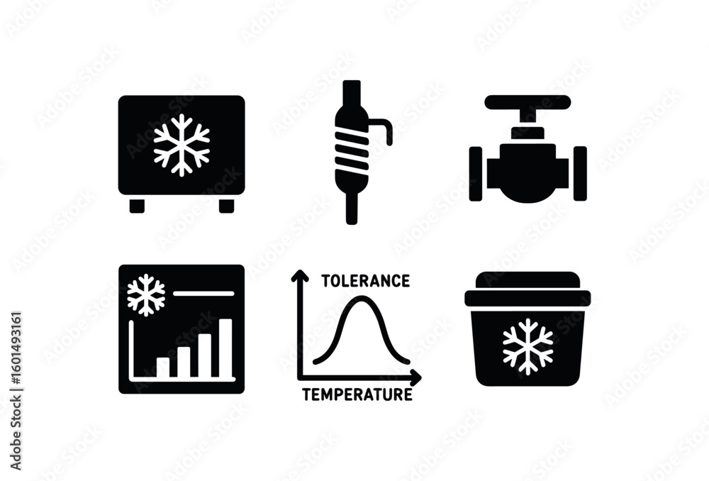 Fototapeta premium solid icon isolated cold chamber module cold finger condenser cold seal valve cold region climate chart cold tolerance curve cold storage container