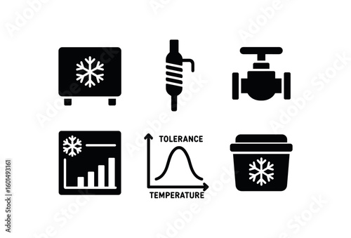solid icon isolated cold chamber module cold finger condenser cold seal valve cold region climate chart cold tolerance curve cold storage container
