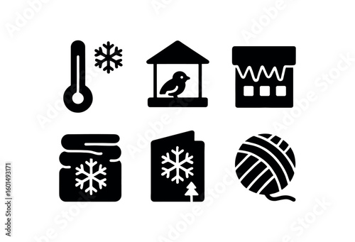 solid icon isolated winter frost gauge winter bird feeder winter ice dam barrier winter layering chart winter holiday card winter wool yarn