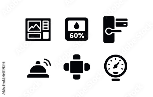 solid icon isolated room decor mood board room humidity monitor room keycard lock room service call button room seating arrangement room pressure gauge
