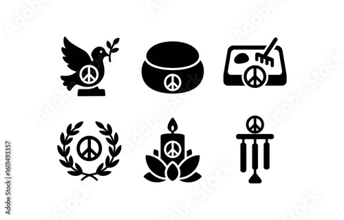 solid icon isolated peace dove sculpture peace meditation cushion peace zen garden kit peace olive branch wreath peace lotus candle peace harmony chime