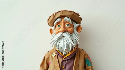 Handcrafted claymation figure of a wise old storyteller with a white beard and expressive eyes against a plain background.