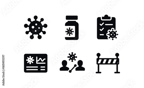 solid icon isolated disease disease vector model disease vaccine vial disease symptom checklist disease control panel disease transmission graph disease quarantine barrier
