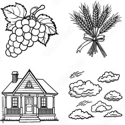 Vector art of a charming collection of rural and natural elements including grapes wheat a house and clouds isolated on white background