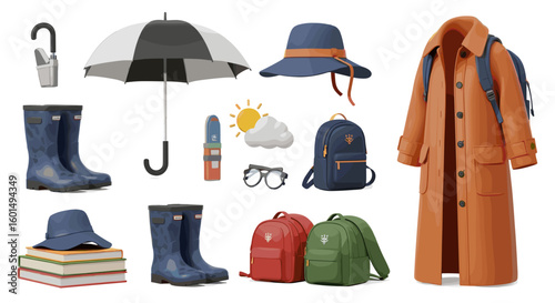 Illustration of rain gear including umbrellas boots hats backpacks coat books and weather forecast device on transparent background
