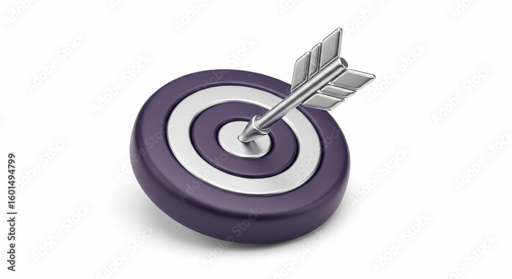 A metallic arrow precisely hitting the center of a purple target, symbolizing focused success. A metallic arrow precisely hitting the center of a purple target, symbolizing focused success.