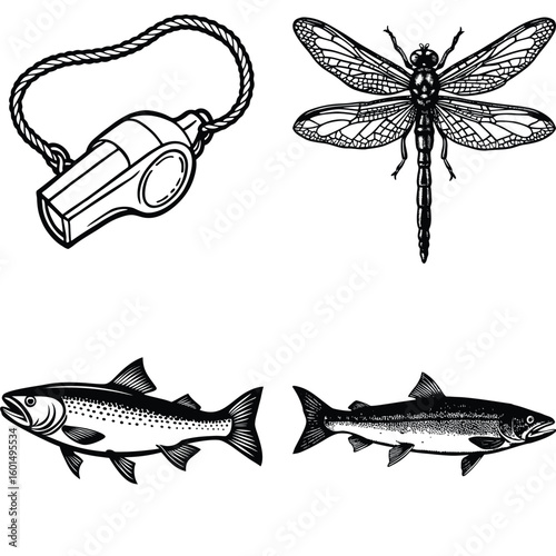 Vector art of a collection of four distinct black and white illustrations including a whistle a dragonfly and two salmon fish