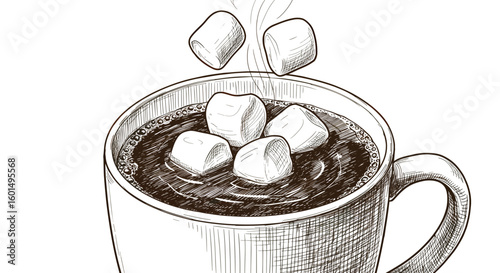 Vintage ink hand drawn sketch of marshmallow falling into coffee or hot chocolate, black and white illustration, vector engraving or woodcut

