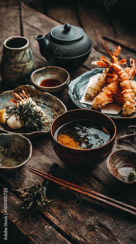 A rustic japanese meal featuring tempura shrimp, miso soup, and tea on a wooden table surface
