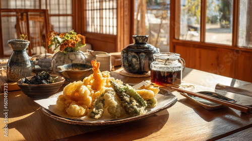 A japanese meal featuring tempura shrimp and vegetables with side dishes on a wooden table indoors lit by sunlight