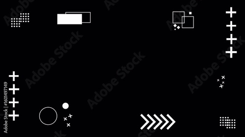 Shape overlay animation with abstract geometric circles, arrows and symbols with alpha matte. 4K animated for motion graphics, backgrounds, and video editing.