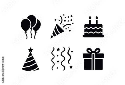 solid icon isolated festive balloons confetti shower decorated cake party hat streamers gift wrap