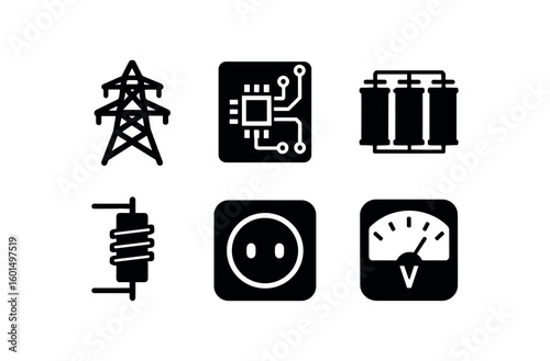 solid icon isolated electricity power electricity circuit board electricity capacitor bank electricity traormer coil electricity plug socket electricity voltage meter