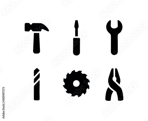 solid icon isolated tools hammer head tools screwdriver tip tools wrench handle tools drill bit tools saw blade tools pliers jaw