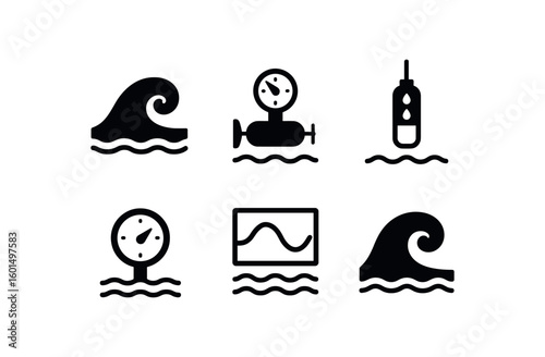 solid icon isolated ocean wave crest ocean current meter ocean salinity sensor ocean depth gauge ocean tide chart ocean surf break