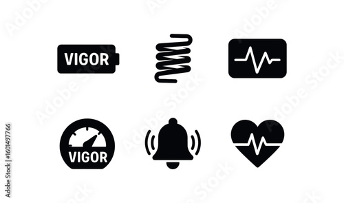 solid icon isolated vigor energy bar vigor spring coil vigor pulse meter vigor stamina gauge vigor alerting bell vigor heartbeat monitor