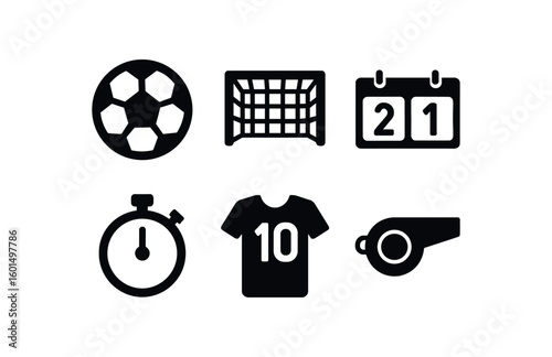 solid icon isolated sport soccer ball sport goal post sport scoreboard sport stopwatch sport jersey number sport whistle
