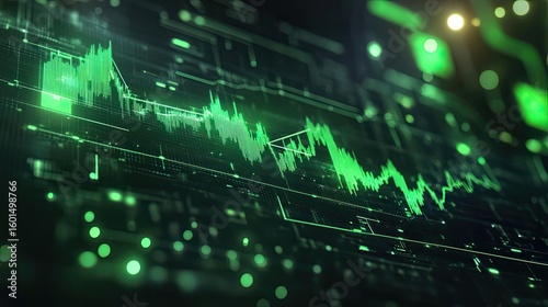 Abstract visualization of green financial data graphs and vertical lines forming a complex digital matrix with glowing grid overlays, symbolizing analytics and market activity. Generative by AI