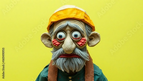 Expressive claymation puppet of a distraught elderly man with wide eyes and a grey beard, isolated on a vibrant yellow background