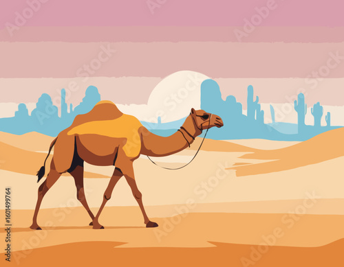 Camel Walking in Desert – Vector Illustration of Arabian Landscape

