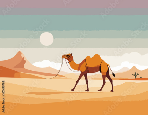 Camel Walking in Desert – Vector Illustration of Arabian Landscape
