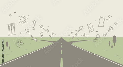 Open road with floating keys and symbols representing fortune-telling  