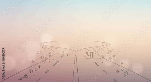 Open road with floating keys and symbols representing fortune-telling  