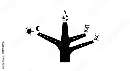 Open road with floating keys and symbols representing fortune-telling  
