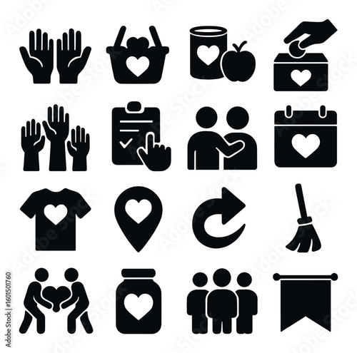Charity silhouette icon set. featuring hands, donation, calendar, heart, group, volunteer, teamwork, jar, shirt, cleaning.