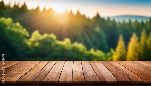 empty wooden table in front of blurry forest background blurred nature bg for mock up design and montage wooden table ready for mock up organic farm product product display