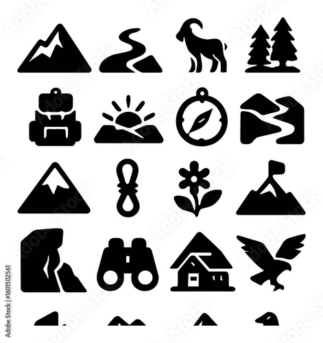 Camping silhouette icon set. including mountain, river, goat, forest, tent, campfire, compass, and more.