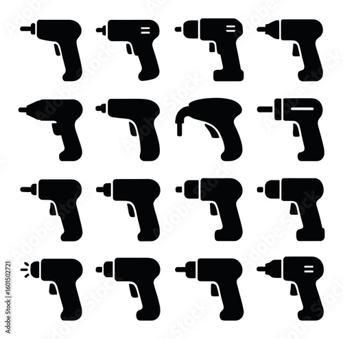 Tools silhouette icon set: drill, screwdriver, hammer, wrench, pliers, saw, level, tape measure, spanner