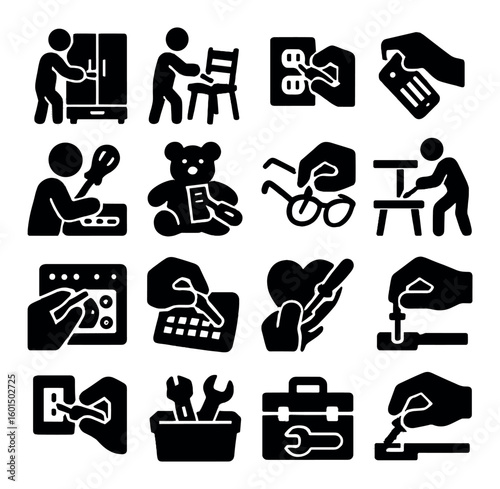 Household activities silhouette icon set: cooking, reading, diy, repair, crafting, organizing, maintenance