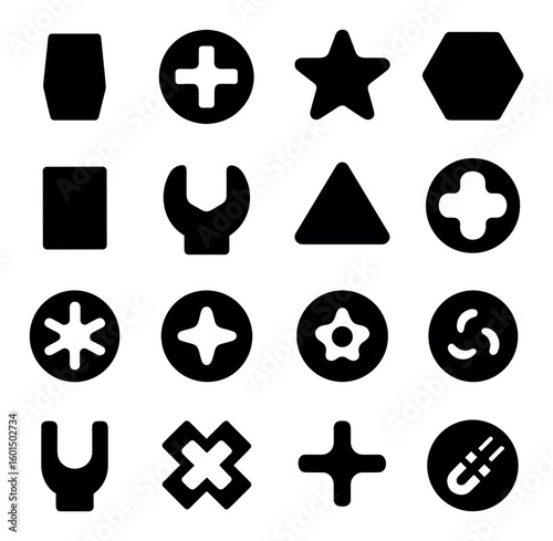 Engineering silhouette icon set. containing wrench, gear, bolt, nut, star, hexagon, cross, more.