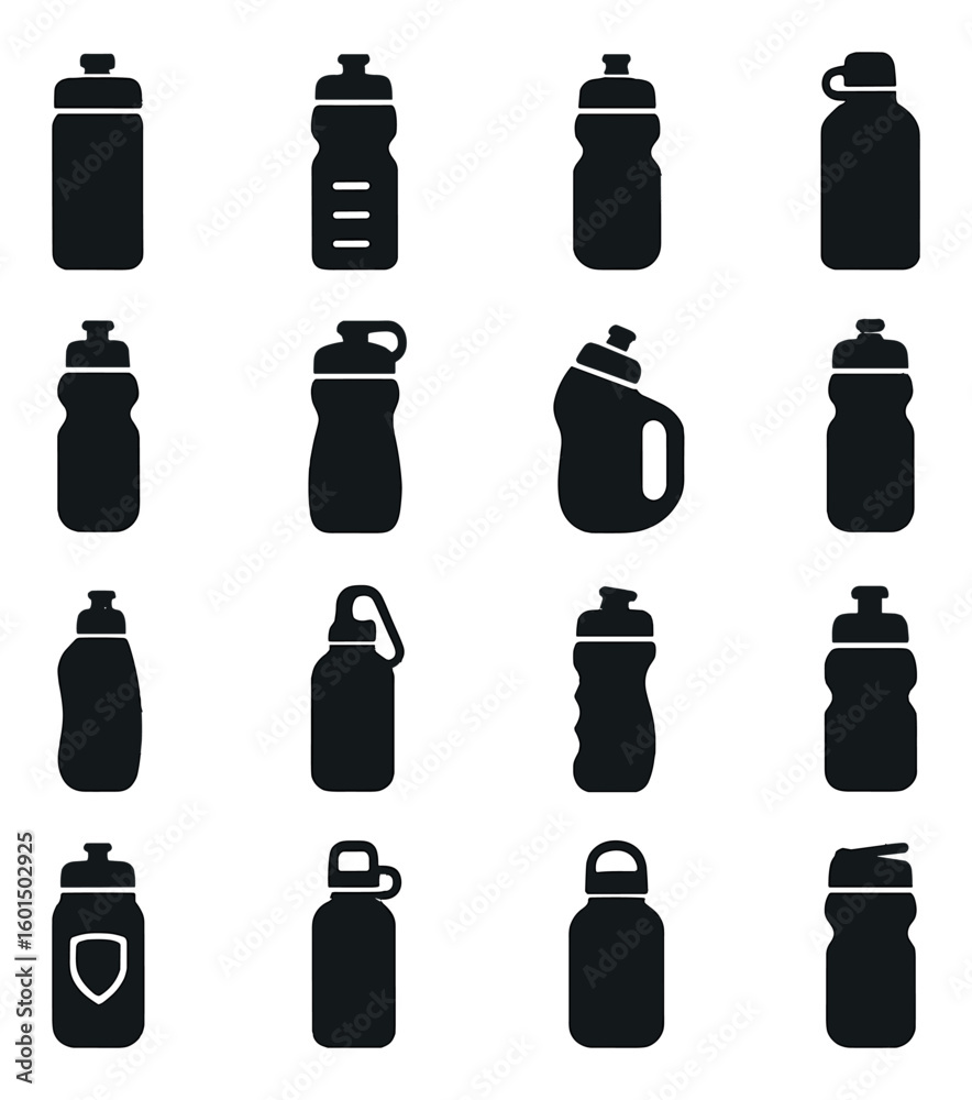 Fototapeta premium Fitness silhouette icon set: water bottle, flask, sports jug, hydration container, travel thermos, outdoor cup