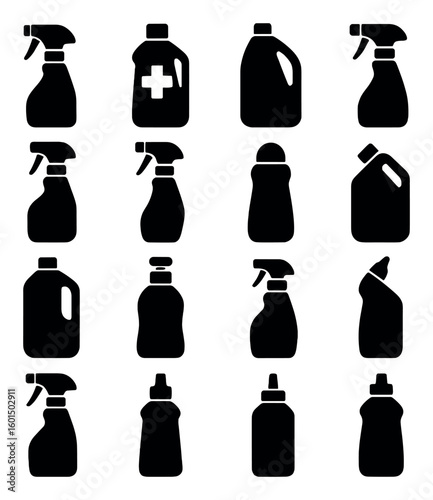 Cleaning product silhouette icon set. featuring spray bottle, detergent, disinfectant, soap, and more.