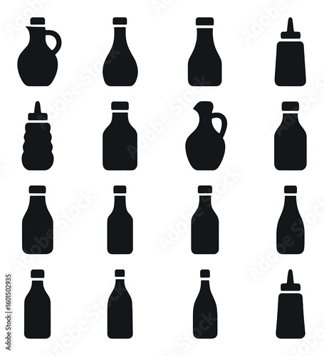 Food container silhouette icon set: ketchup, bottle, jug, squeeze, sauce, jar, olive oil, vinaigrette