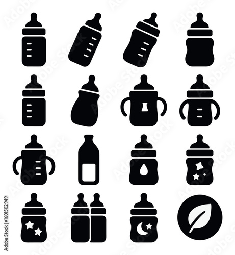Baby bottle silhouette icon set. featuring milk bottle, sippy cup, formula container, feeding bottle, and more.
