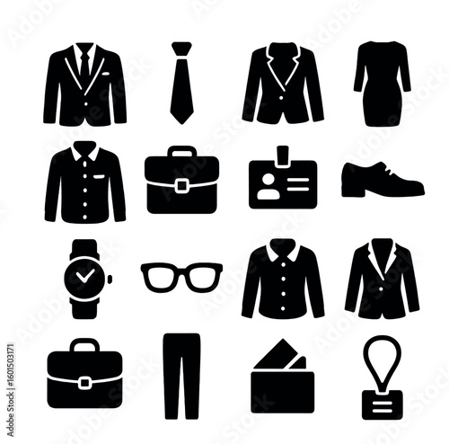 Business essentials silhouette icon set. contains suit, tie, dress, briefcase, id, watch, shoes, glasses, wallet.