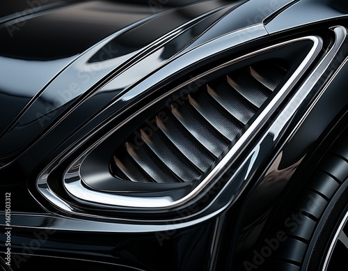 glossy black sportscar splitter with sleek air vents extreme close up
